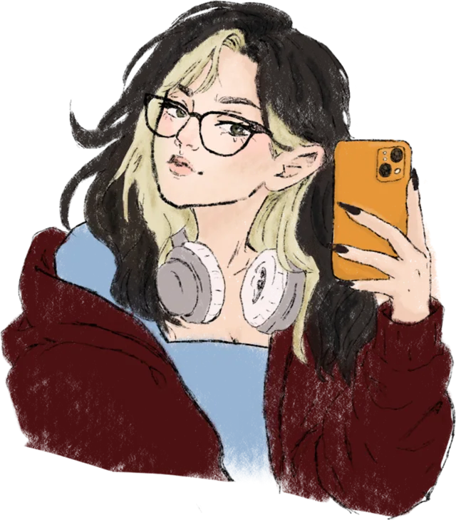 Hand-drawn illustration of Sky taking a phone selfie with headphones around her neck