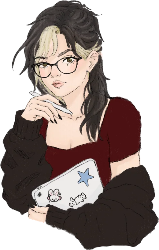 Hand-drawn illustration of Sky holding a stylus and a sticker-covered tablet