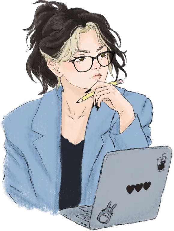 Hand-drawn illustration of Sky in a blue blazer, pencil to her chin, laptop open