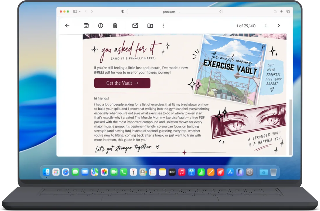 Laptop showing the “you asked for it” email announcing the free Muscle Mommy Exercise Vault PDF