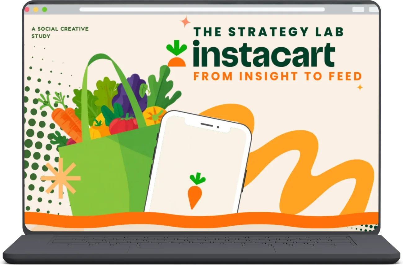 Laptop showing the cover of the deck: “The Strategy Lab — Instacart: from insight to feed”, a social creative study