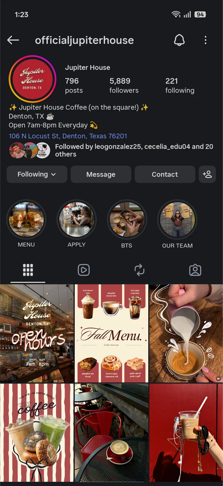 after: Jupiter House Instagram profile after the refresh: a cohesive red and off-white grid of open hours, fall menu and coffee graphics with four highlights