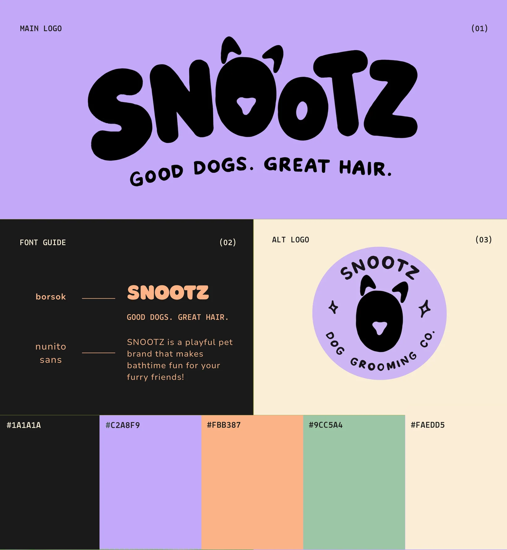 SNOOTZ brand kit: the main SNOOTZ logo with the tagline “Good dogs. Great hair.” on lilac, a font guide, an alternate round “SNOOTZ Dog Grooming Co.” logo, and a five-colour palette of #1A1A1A, #C2A8F9, #FBB387, #9CC5A4 and #FAEDD5