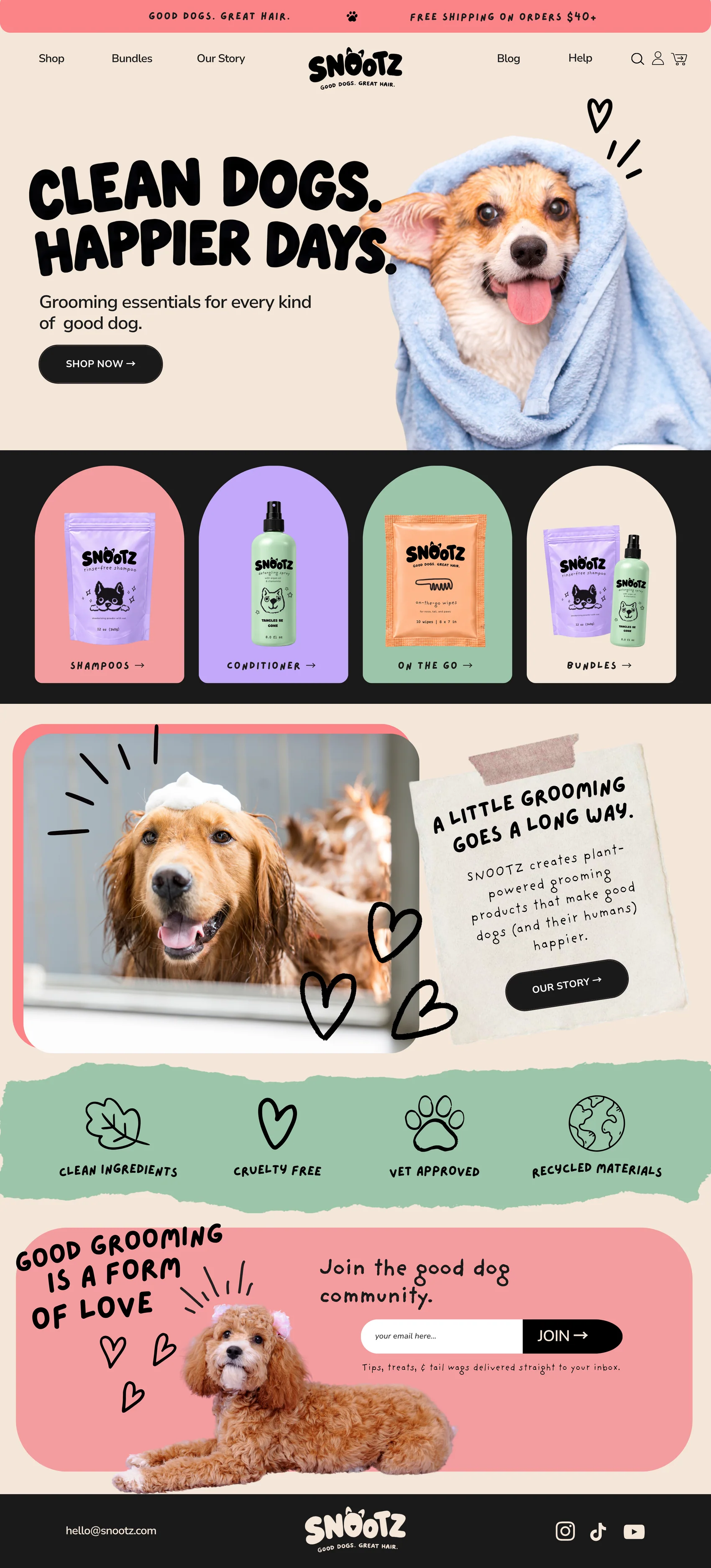 The full SNOOTZ website home page: “Clean dogs. Happier days.” hero, product arches, a “a little grooming goes a long way” story block, values strip, newsletter sign-up and footer