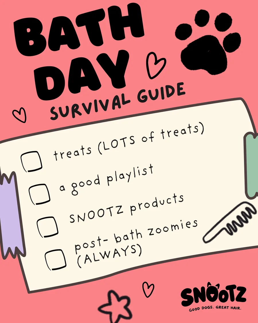 Snootz “Bath Day Survival Guide” checklist graphic on a pink background