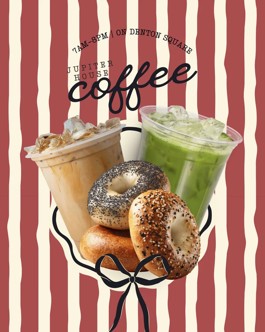 Jupiter House coffee post: iced coffees and bagels arranged like a bouquet on a red and cream striped background