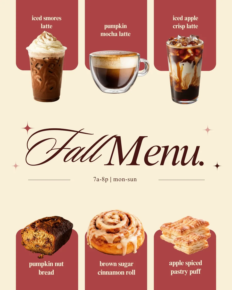 Fall menu graphic listing seasonal drinks and pastries on a cream background