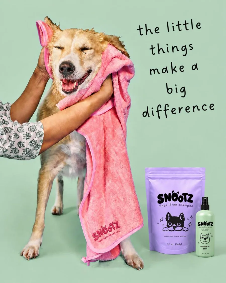 A dog wrapped in a pink towel beside Snootz products, with the text “the little things make a big difference”
